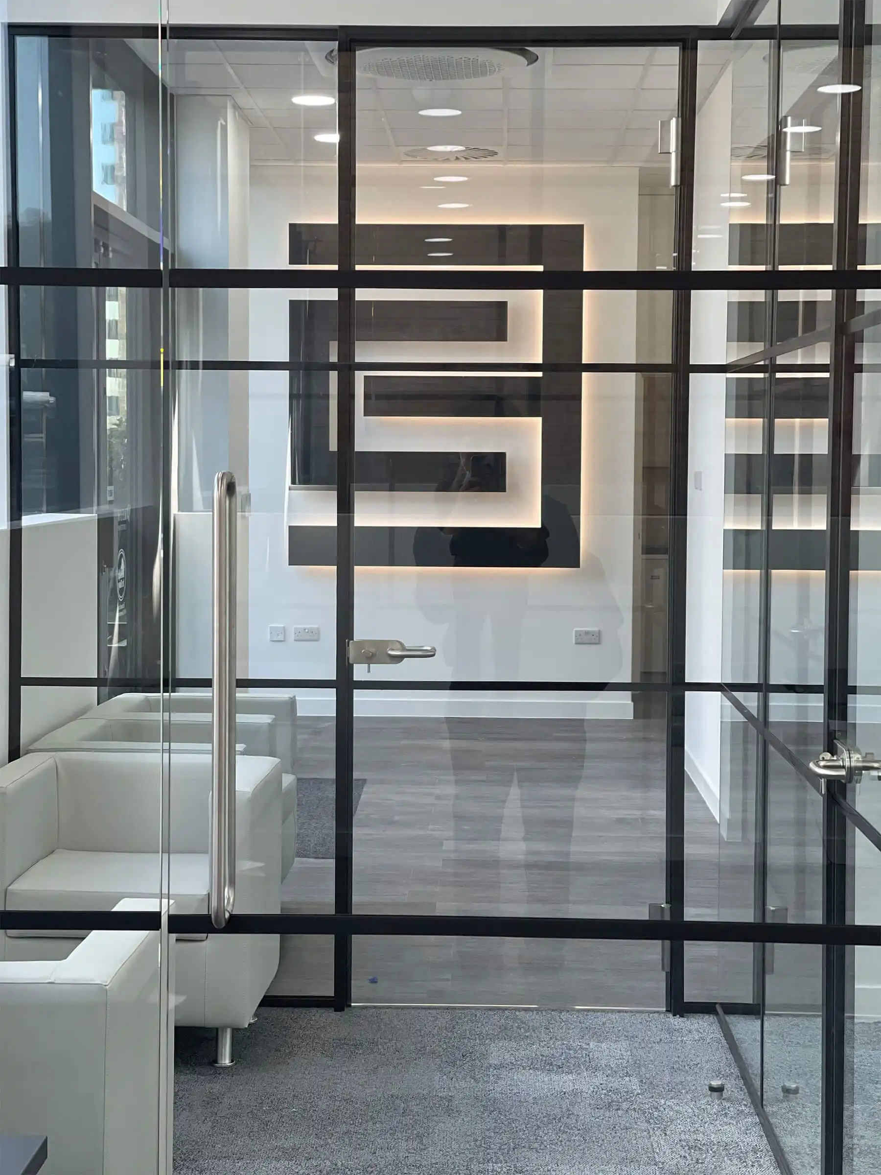 Designer glass wall and glass walls with black frames