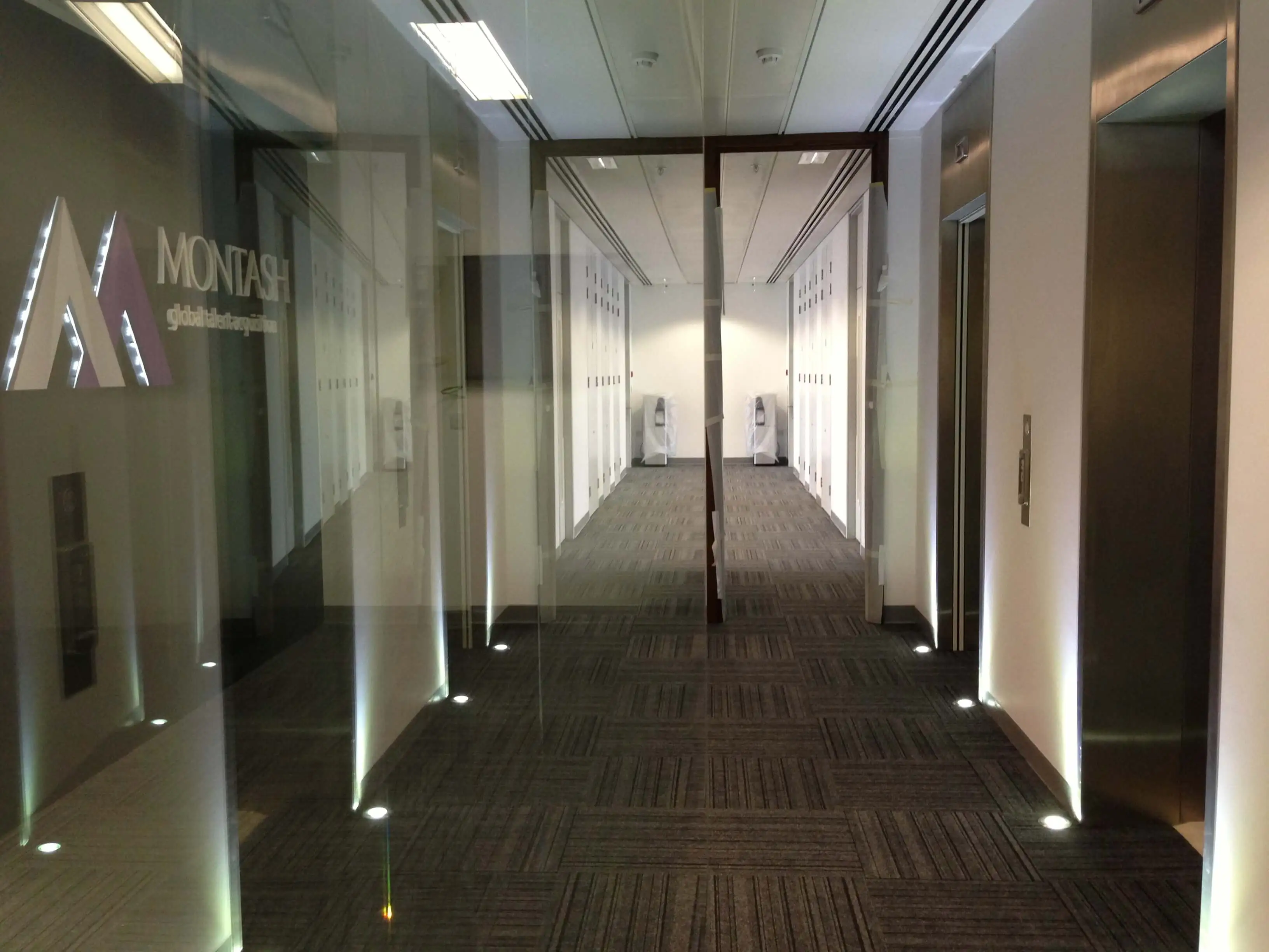 Frameless glass doors and walls and desginer floor in the office