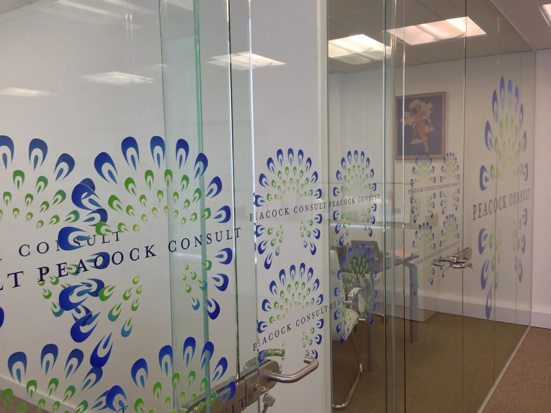Glass doors with logo cut outs