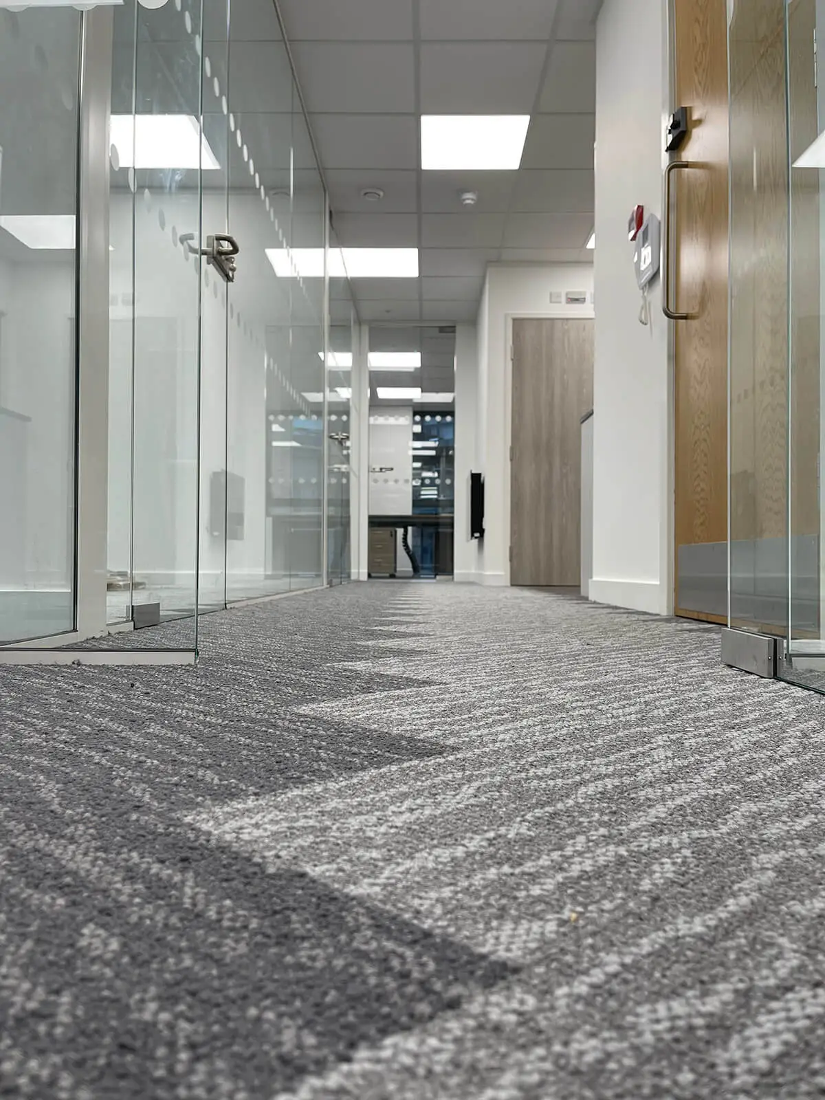 Large office space with designer floor separated with frameless glass partitions