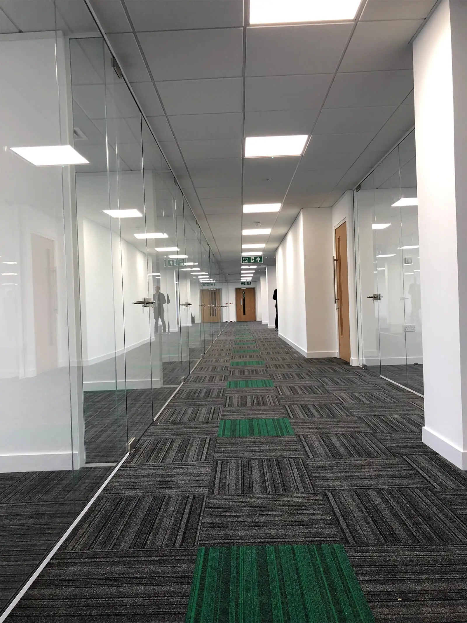 Large office spaces divided with frameless glass partitions