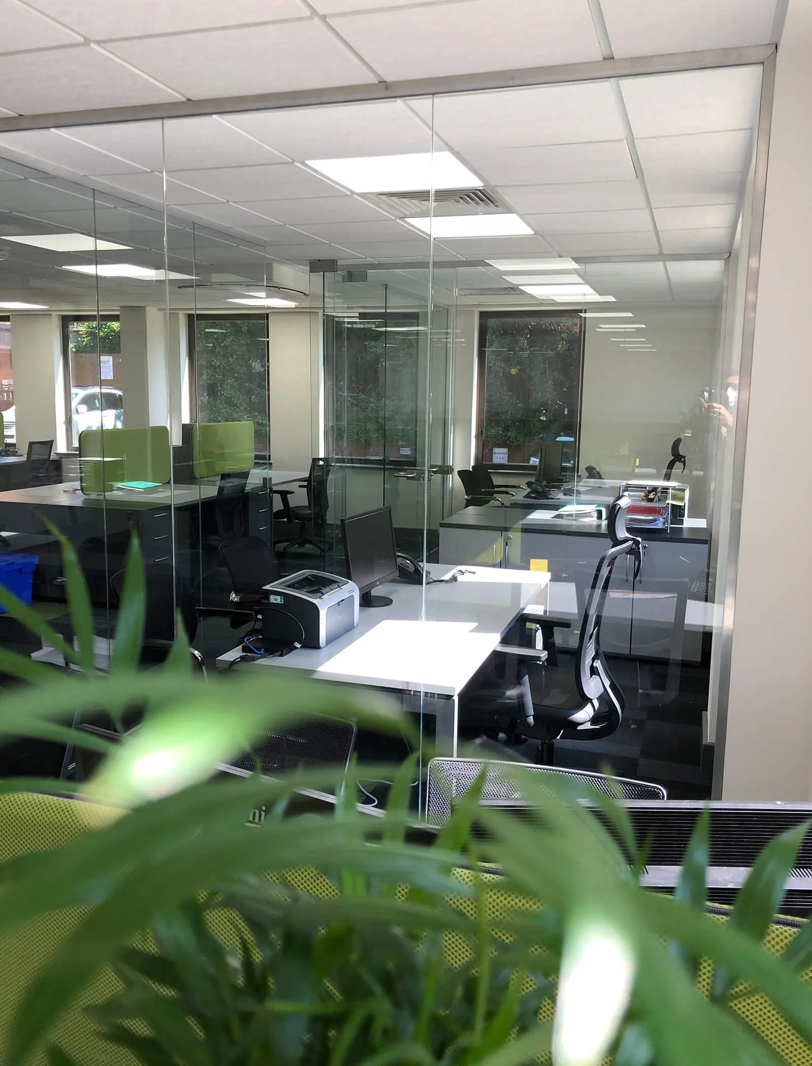 Office space with glass partitions and planters
