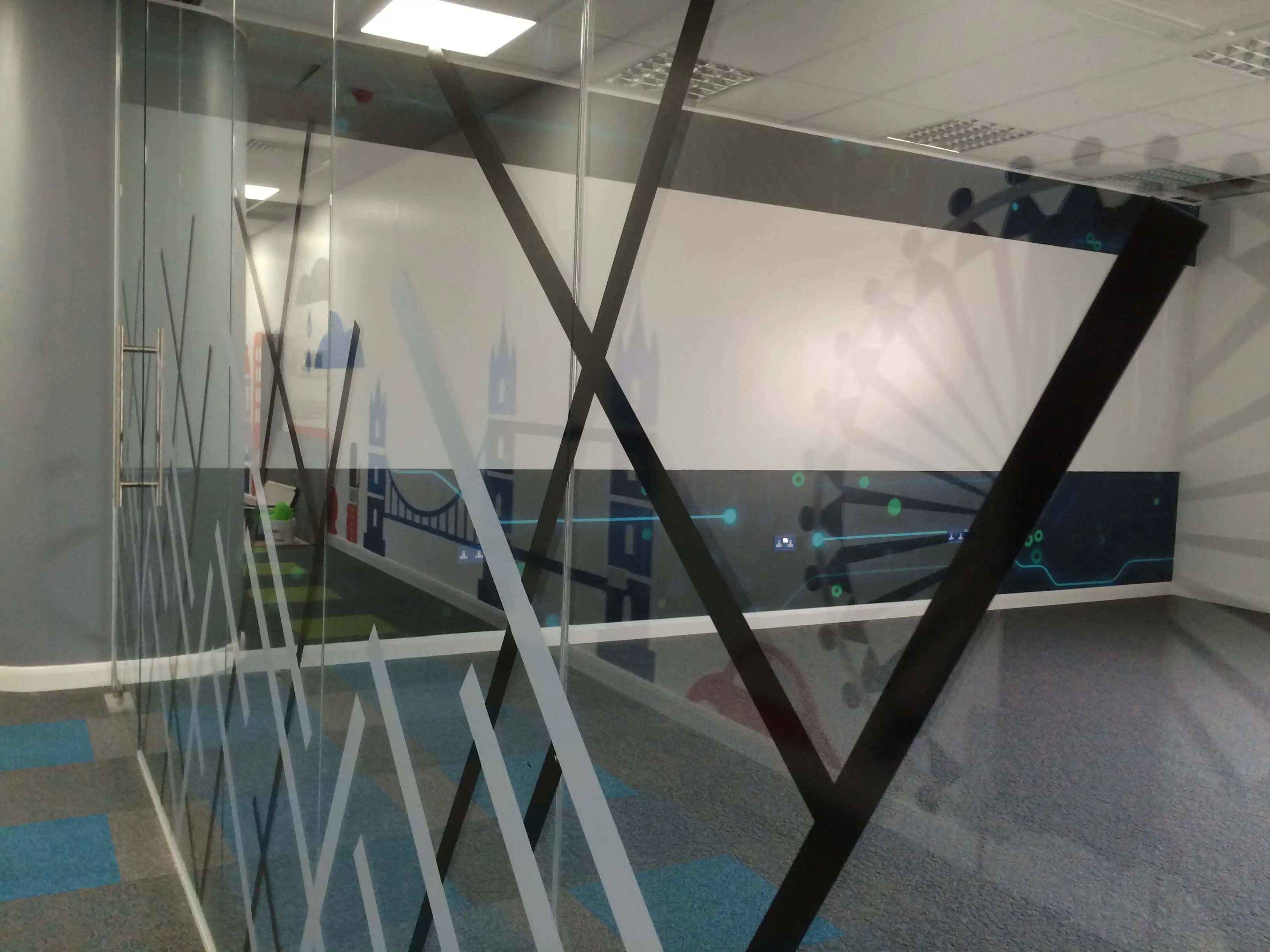 Office with designer glass doors