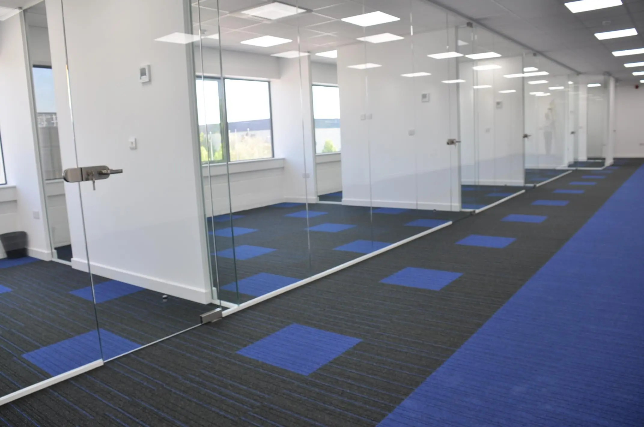 Designer office flooring with glass partition