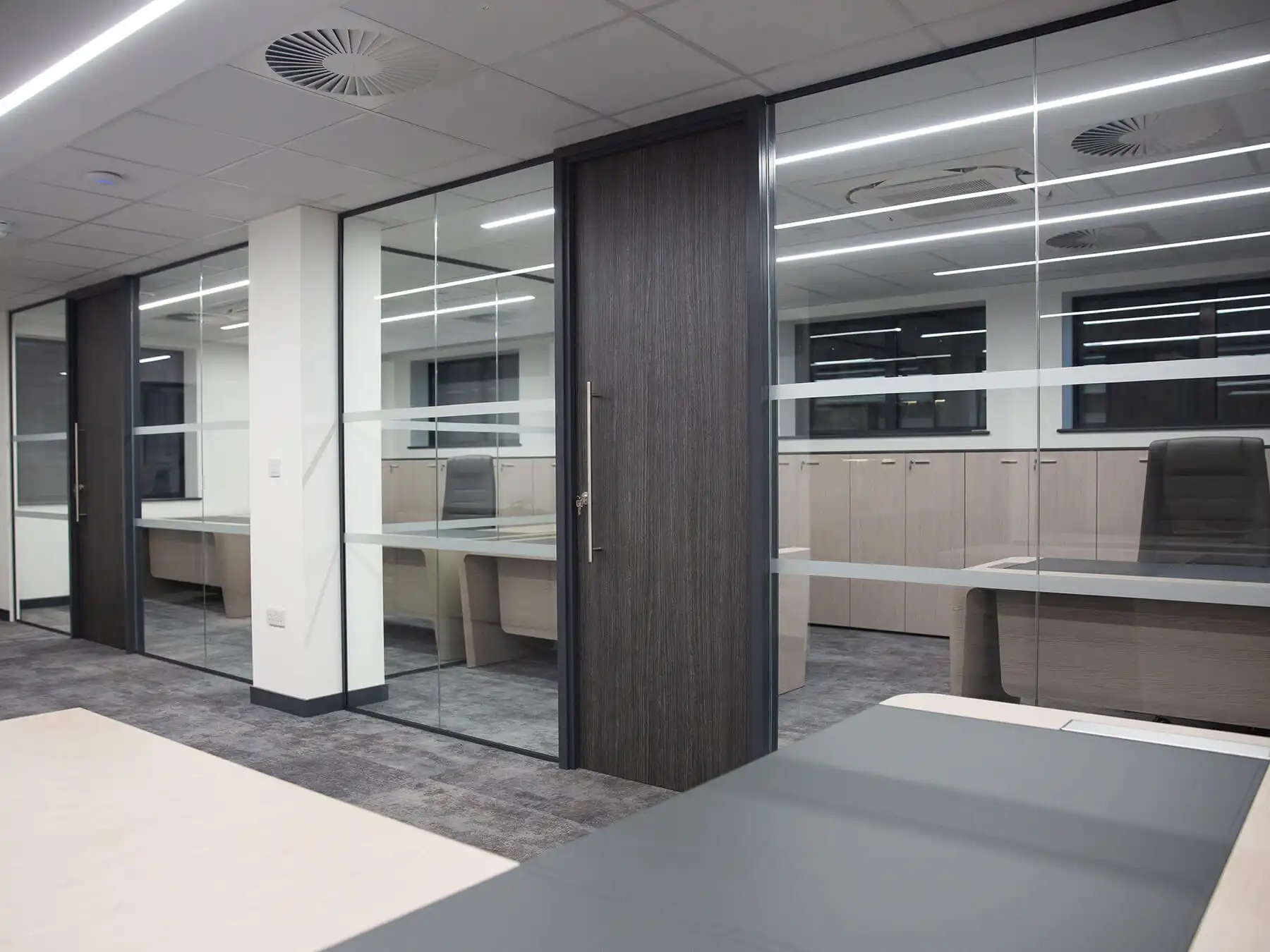 Executive work spaces divided with double glazes partitions with solid doors
