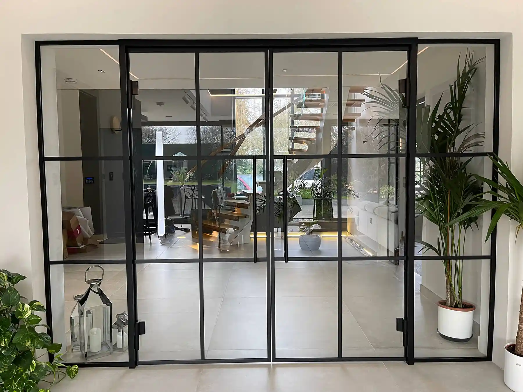 Industrial style glass doors in office entry