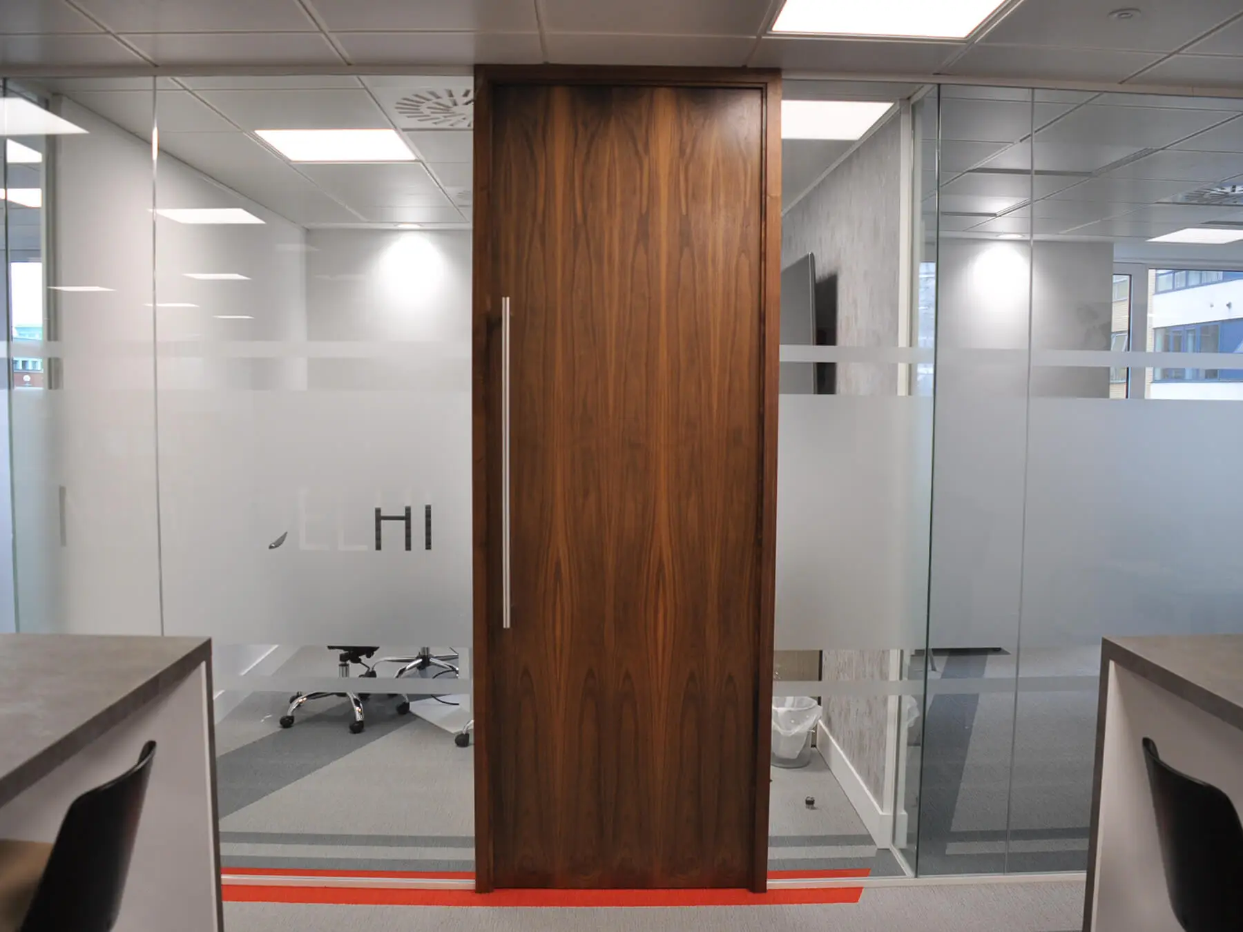 Office glass partitions with solid wood doors