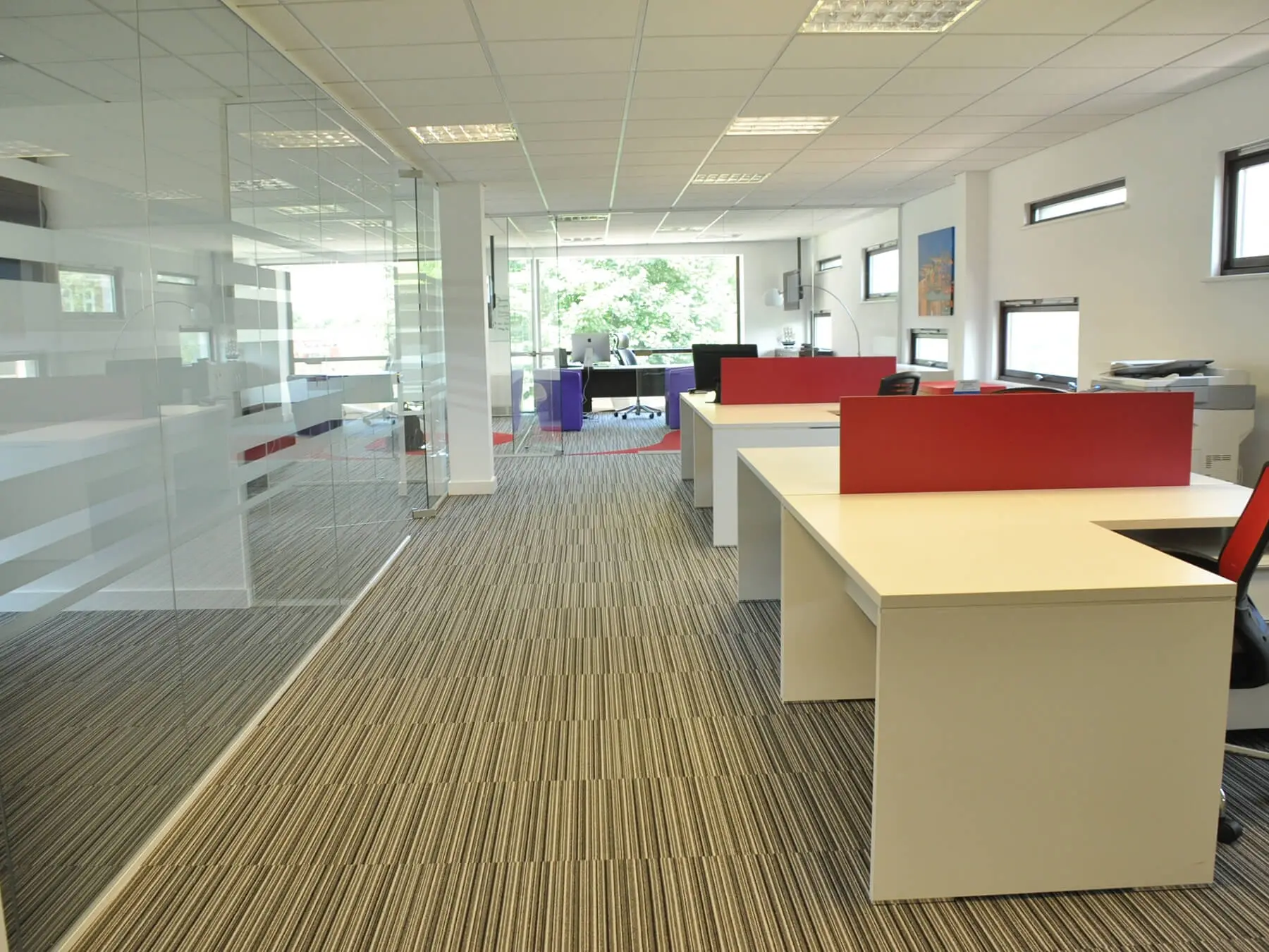 Office open area and private work are divided with single glazed frameless glass doors