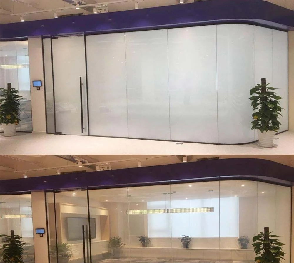 Office space with smart film laminated glass