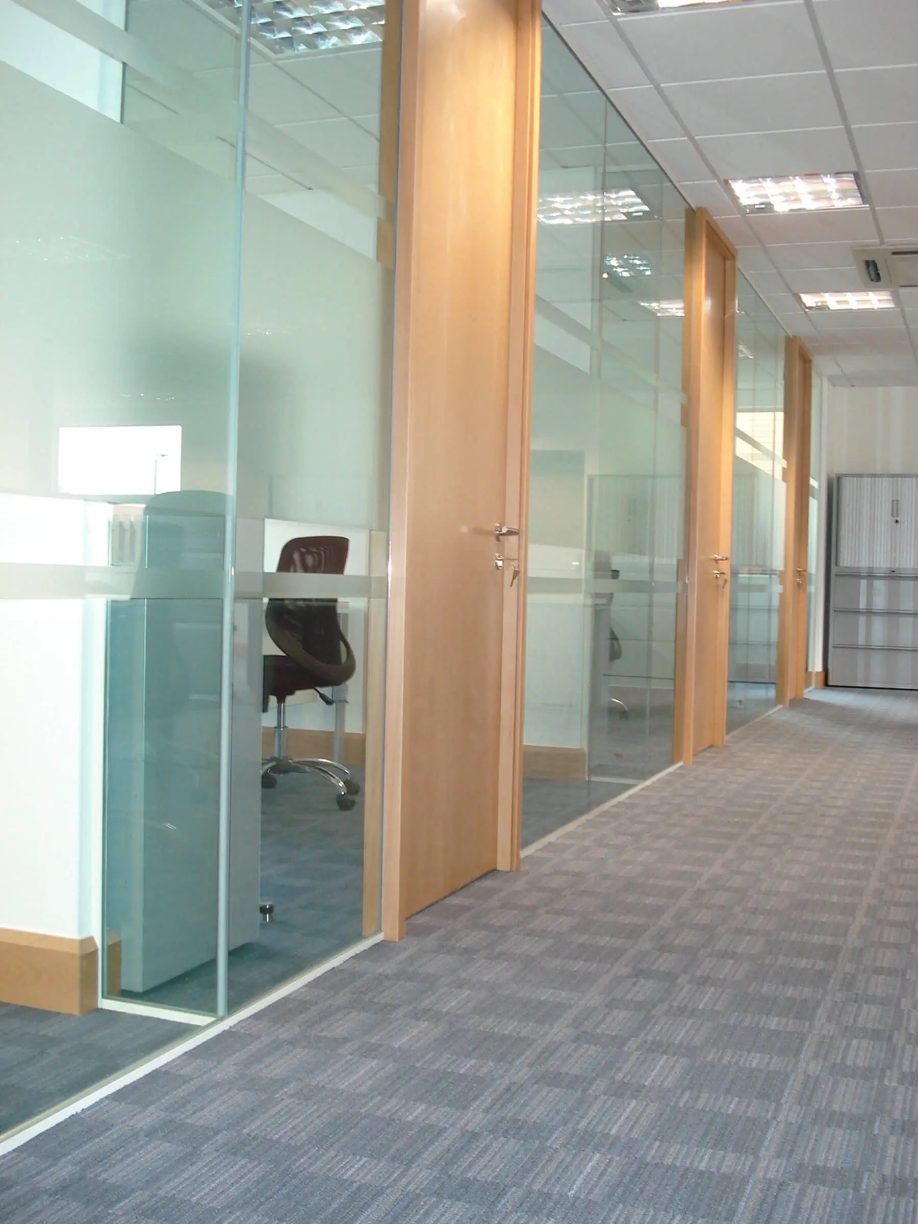 Office with desiger floors and single glaze partitions with solid doors